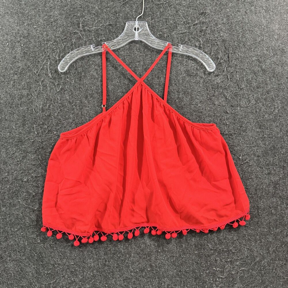 Show Me Your Mumu Tank Top Women's Medium Red Lex Pom Pom Hem Strappy Cami